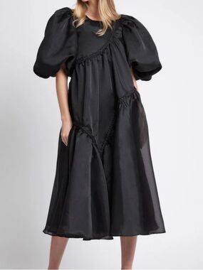 Aje Black Puff-Sleeve Midi Dress